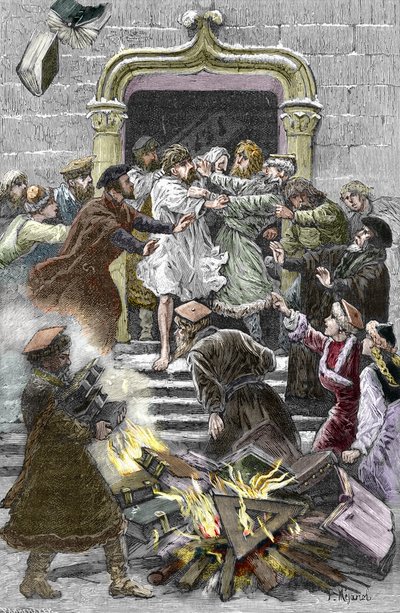 Socynianizm i Małopolski Kościół: mieszkańcy Krakowa palą na placu publicznym dzieła Fausta Socinusa (1539-1604) zobowiązując go do udziału w autodafe w 1598 r. (Socynianizm i bracia polscy: spalenie autorstwa Pierre Mejanel