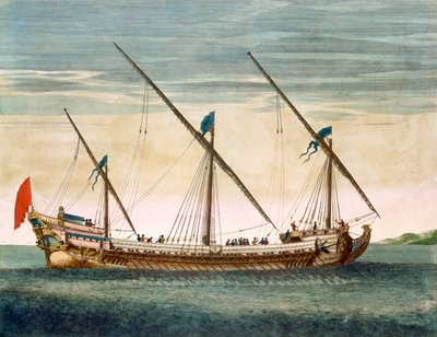 Trzymasztowy Galleass w drodze na wiosło, z Le Naptune Francois, ok. 1693-1700 (ręcznie barwiony grawerunek) autorstwa Pierre Mortier