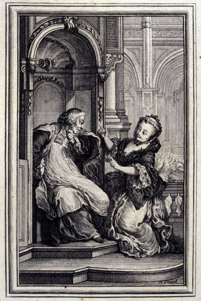 Spowiednik Le Mari - w „”Opowieściach i opowiadaniach wierszem”” Jean La Fontaine. 1776. Ilustracja P.P. Choffarda. autorstwa Pierre Philippe Choffard