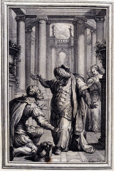 Mały pies, który przeczesuje pieniądze i kamienie - w „”Opowieściach i opowiadaniach wierszem”” Jean La Fontaine. 1776. Ilustracja P.P. Choffarda. autorstwa Pierre Philippe Choffard