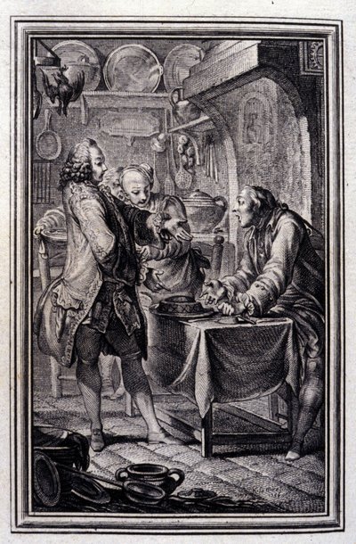 Makaron z węgorza. w „Opowieściach i opowiadaniach wierszem” Jean La Fontaine. 1776. Ilustracja P.P. Choffarda. autorstwa Pierre Philippe Choffard