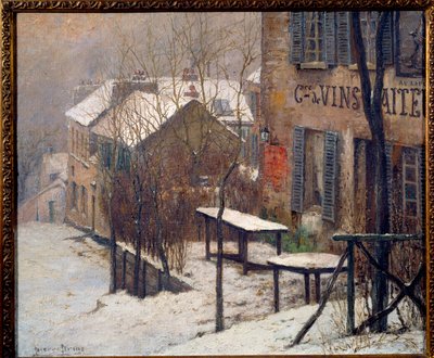 Kabaret w Rabbit Agile na Montmartre w 1890 roku. Widok na Paryż pod śniegiem w zimie. Obraz Pierre