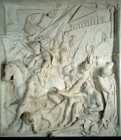 Aleksander Wielki (356 pne-323 pne) spotyka greckiego filozofa Diogene cynika (413 pne-327 pne) w swojej beczce”” Płaskorzeźbiony marmur Pierre Puget (1620-1694) 1693. Z Salle des cent Suisse (Luwr) ). Paryż, Luwr autorstwa Pierre Puget