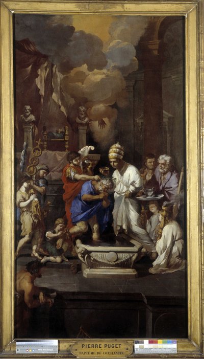 Chrzest Konstantyna: cesarz Kajusz Flawiusz Waleriusz Aureliusz Konstantyn przyjmuje sakrament z rąk papieża Sylwestra I (świętego) w bazylice św. Jana na Lateranie w Rzymie autorstwa Pierre Puget