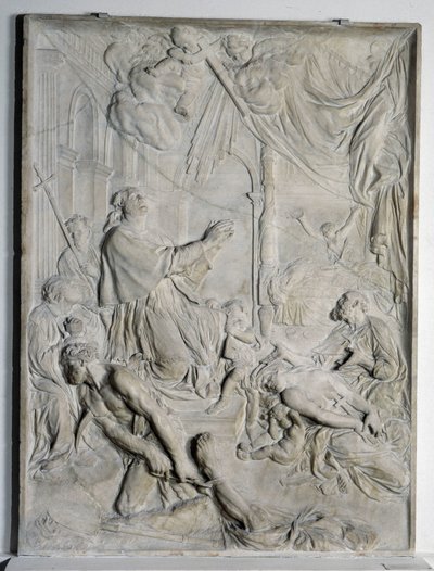płaskorzeźba Plagi Mediolańskiej - modlący się św. Karol Boromeusz (San Carlo Borromeo) (1538-1584, kardynał i arcybiskup Mediolanu) (marmur) autorstwa Pierre Puget