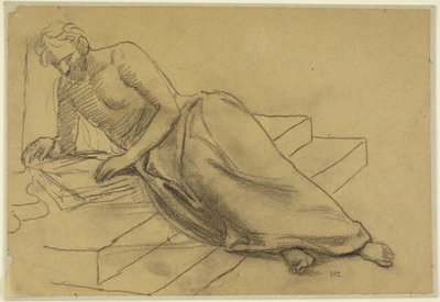 Mężczyzna leżący na schodach i czytający, studium do Filozofa, dla Boston Library autorstwa Pierre Puvis de Chavannes