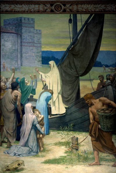 Sainte Genevieve zaopatruje paryżan obleganych przez wojska króla Hunów Attyli. Fresk Pierre