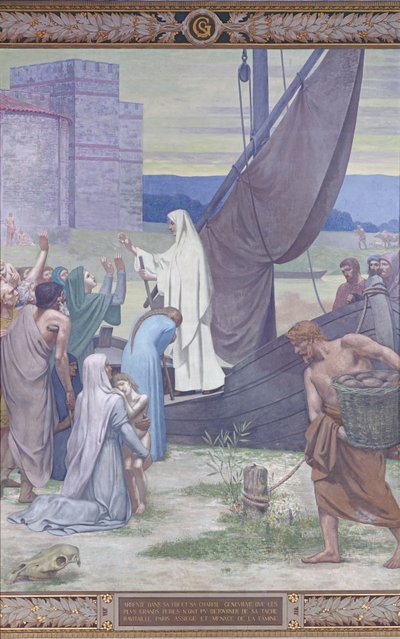 Św. Genevieve dostarczająca zaopatrzenie do miasta Paryża po oblężeniu (fresk) autorstwa Pierre Puvis de Chavannes