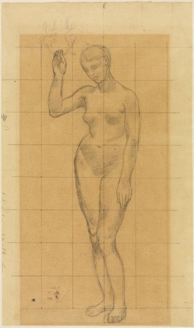 Stehender Frauenakt, schräg nach links, einen Kranz in der erhobenen Rechten autorstwa Pierre Puvis de Chavannes