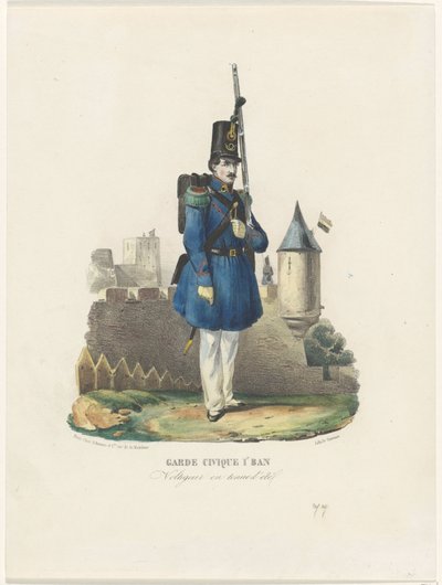 Belgische burgerwacht op wacht, 1830 Gwardia Obywatelska 1r Ban / Voltigeur w letniej sukience (tytuł na obiekcie) autorstwa Pierre Simonau