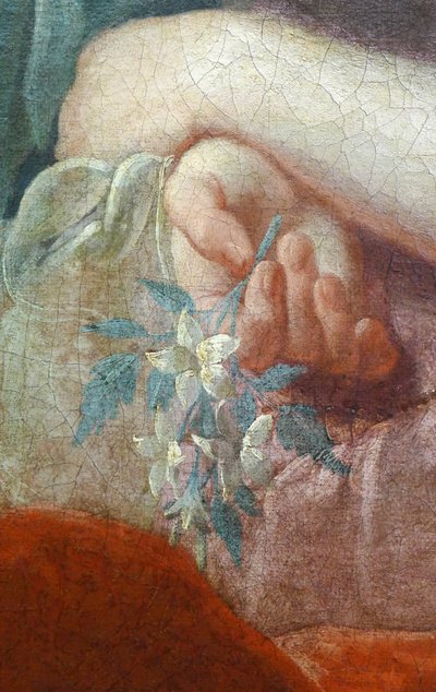 Ręka młodej kobiety trzymającej kwitnącą gałąź. Fragment portretu Madame Poulhariex i jej córki, około 1728 r. (olej na płótnie) autorstwa Pierre Subleyras