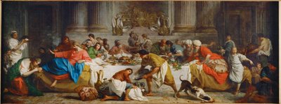 Le repas chez Simon. Posiłek w domu Szymona. Marta polewa stopy Chrystusa olejkiem i osusza je włosami ... autorstwa Pierre Subleyras