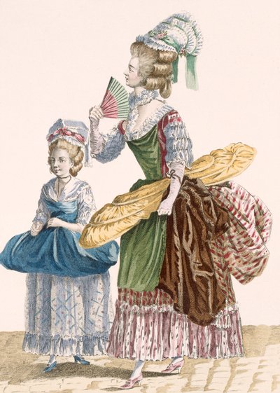 Krawcowa i jej pomocnik niosący narzędzia handlowe, ryt Dupina, tablica nr 25 z „Galeries des Modes et Costumes Francais”, ok. 1778-87 (kolorowa rycina) 99: ubiór; strój tradycyjny; strój tradycyjny; moda; ilustracja; c18th; moda autorstwa Pierre Thomas (after) Le Clerc