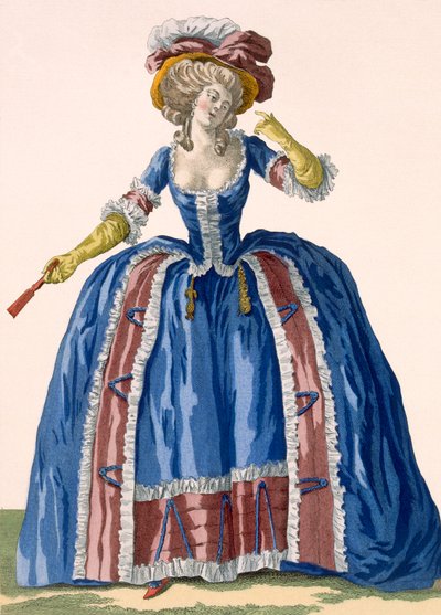 Suknia w stylu angielskim w kolorze elektrycznego błękitu z bordową falbaną, wygrawerowana przez Bacquoy, tabliczka nr 182 z "Galeries des Modes et Costumes Francais", ok. 1778-87 99:odzież; autorstwa Pierre Thomas Le Clerc