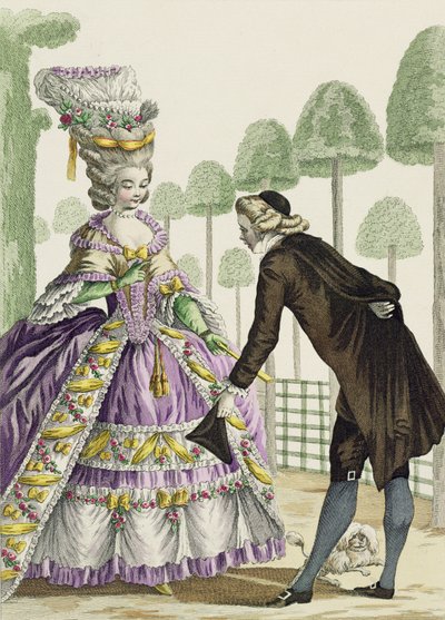 Dama w sukni liliowej Promenady w ogrodach Palais Royal, tablica 13 z „Galerie des Modes et Costumes Francais”, ryt.: Etienne Claude Voysard (1746-1812) 1778 autorstwa Pierre Thomas Le Clerc