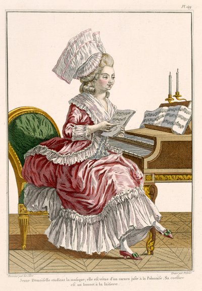 Młoda kobieta ucząca się muzyki przy swoim klawesynie, płyta 149 z „Galerie des Modes et Costumes Francais”, sztych. J. Pelicier, 1778 autorstwa Pierre Thomas Le Clerc