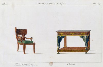 Fotel mieszkalny i konsola, płyta 144, ilustracja z Collection de meubles et objects de gout (Kolekcja mebli i przedmiotów smaku) autorstwa Pierre de La Mesangere