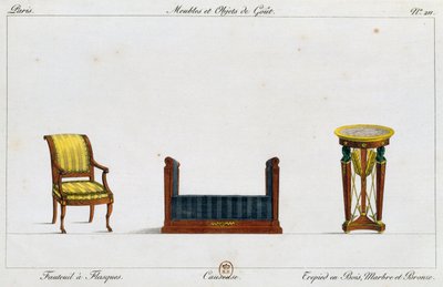 Fotel z kołnierzem, dwuosobowa kanapa i stolik na trójnogu, talerz 211, ilustracja z Collection de meubles et objects de gout (Kolekcja mebli i przedmiotów smaku) autorstwa Pierre de La Mesangere