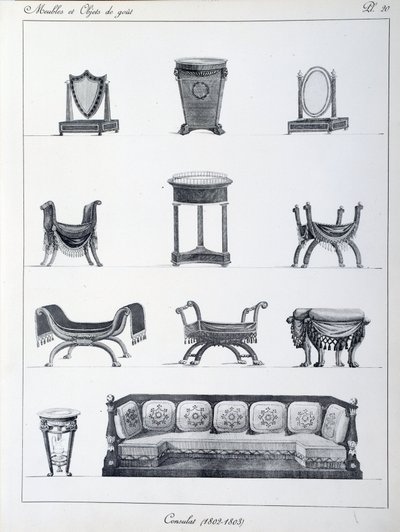 Meble z okresu konsulatu (1802-1803). Talerz zaczerpnięty z kolekcji „Collection de mobilier et objets de taste” autorstwa Pierre de la Mesangere (1761-1831). Paryż. Sztuka dekoracyjna autorstwa Pierre de La Mesangere