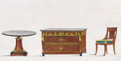 Mahoniowy stół, komoda i krzesło, talerz 241, ilustracja z Collection de meubles et objects de gout (Kolekcja mebli i przedmiotów smaku) autorstwa Pierre de La Mesangere