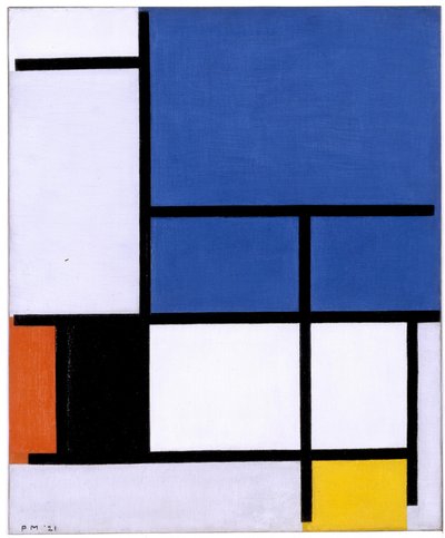 Kompozycja z dużym niebieskim samolotem, czerwonym, czarnym, żółtym i szarym autorstwa Piet Mondrian