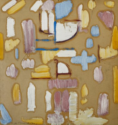 Kompozycja z różem, błękitem, żółcią i bielą (fasada kościoła), ok. 1912 (olej na pokładzie) autorstwa Piet Mondrian