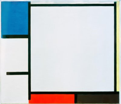 Kompozycja z niebieskim, żółtym, czerwonym, czarnym i szarym. autorstwa Piet Mondrian