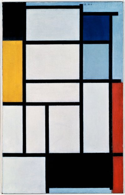 Kompozycja z czerwonym, czarnym, żółtym, niebieskim i szarym autorstwa Piet Mondrian
