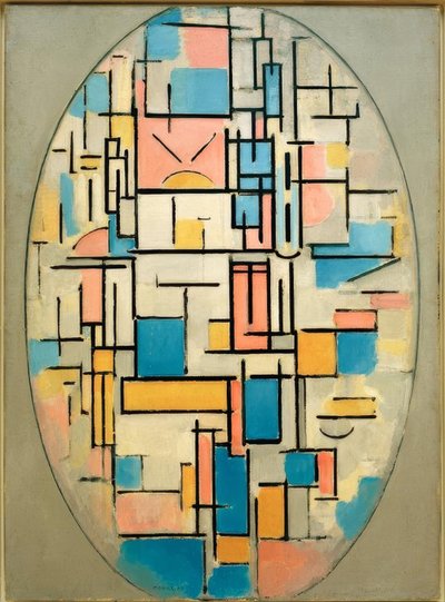 Kompozycja w owalu z kolorowymi obszarami 1 autorstwa Piet Mondrian