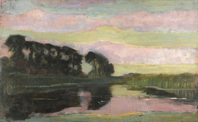 Krajobraz rzeki z różowym i żółtozielonym niebem, ok. 1907-1908. autorstwa Piet Mondrian
