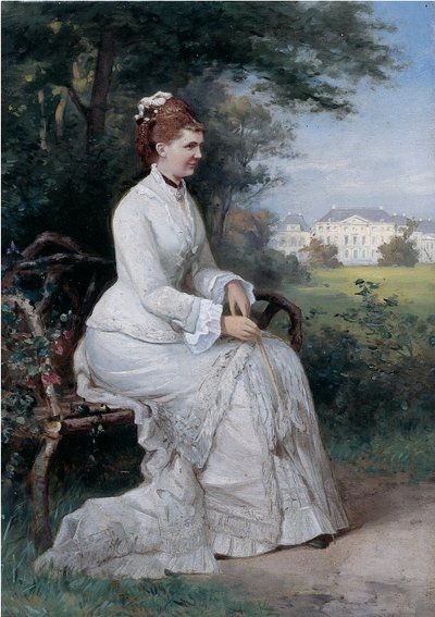 Portret księżnej Emmy von Waldeck-Pyrmont siedzącej na ławce w parku Pałacu Het Loo (olej na pokładzie) autorstwa Piet Schipperus