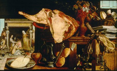 ""Vanitas et Christ chez Marthe et Marie"" (Martwa natura próżności (Chrystus w domu Marty i Marii) Peinture de Pieter Aertsen (1508-1575) - 1552 - Olej na desce Wymiary 61,5x101 cm Muzeum Historii Sztuki, Wiedeń autorstwa Pieter Aertsen