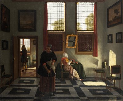 Wnętrze z malarzem, czytającą kobietą i zamiatającą służącą, ok. 1665-70 (olej na płótnie) autorstwa Pieter (1623-82) Janssens
