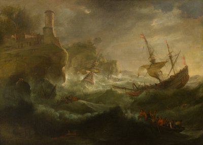 Zatapianie statków u wybrzeży Skalistych, ok. 1657-1701 (olej na płótnie) autorstwa follower of Pieter Mulier