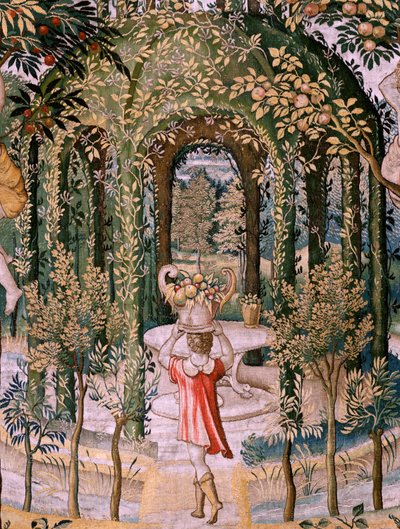 Flamandzki gobelin. Seria Vertumnus i Pomona; Vertumnus przekształcony w ogrodnika (Vertumno transformado en jardinero). Piąty gobelin z serii. Model Circle Pietera Coecke Van Aelsta i Leonarda Thiry. Manufaktura Nieznany warsztat, Bruksela, przed autorstwa Pieter (circle of) Coecke van Aelst
