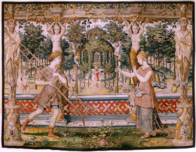 Flamandzki gobelin. Seria Vertumnus i Pomona; Vertumnus przekształcony w ogrodnika (Vertumno transformado en jardinero). Piąty gobelin z serii. Model Circle Pietera Coecke Van Aelsta i Leonarda Thiry. Manufaktura Nieznany warsztat, Bruksela, przed autorstwa Pieter (circle of) Coecke van Aelst