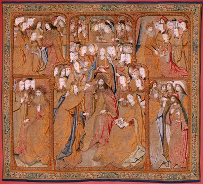 Flamandzki gobelin. Seria Triumfy Matki lub Paños de Oro. Zwiastowanie (La Anunciación). Drugi gobelin w serii. Model Colin de Cooter (?). Wytwórnia Pieter van Aelst (lub van Edingen), Bruksela. Około 1500-1502. Tkanina Złoto, srebro, jedwab i wo autorstwa Pieter (studio of) Coecke van Aelst