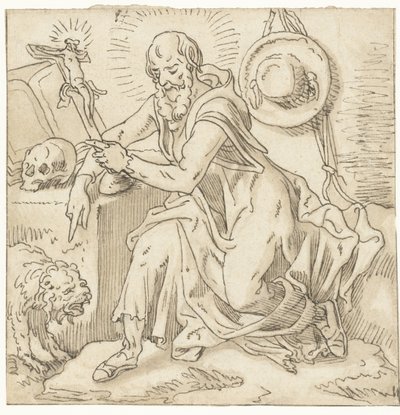 Święty Hieronim siedzący przy krucyfiksie, księdze i czaszce autorstwa Pieter Aertsen (workshop of)