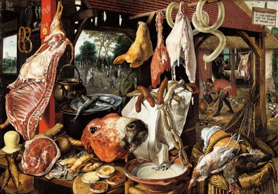 Stragan rzeźnika z ucieczką do Egiptu autorstwa Pieter Aertsen