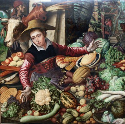Niemiecki: Marktfrau am Gemüsestand Kobieta na targu przy stoisku z warzywami autorstwa Pieter Aertsen