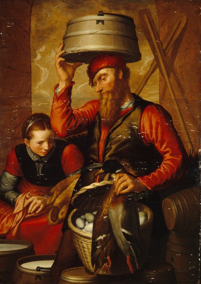 Sprzedawca drobiu (sprzedawca ptactwa). Kilku chłopów w tradycyjnych strojach przygotowuje swoje koszyki z jajkami i towary na targ. Obraz Pietera Aertsena (1508-1575), olej na drewnie autorstwa Pieter Aertsen