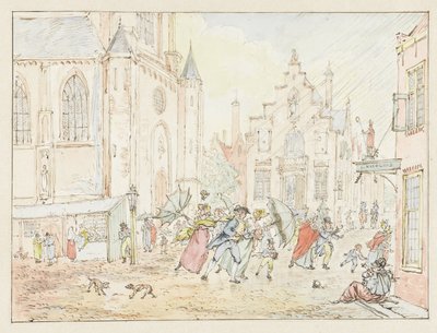 Plac z ludźmi w deszczu autorstwa Pieter Bartholomeusz. Barbiers