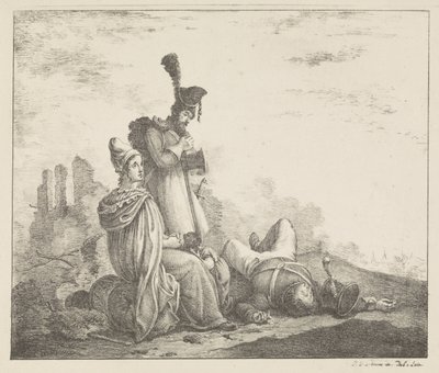 Żałobne towarzystwo z martwym żołnierzem autorstwa Pieter Bartholomeusz. Barbiers