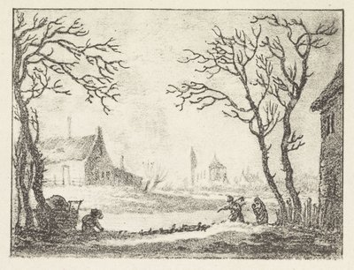 Zimowy krajobraz z domami i postaciami autorstwa Pieter Bartholomeusz. Barbiers