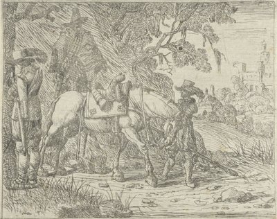 Osiodłany koń z żołnierzami autorstwa Pieter Bodding van Laer