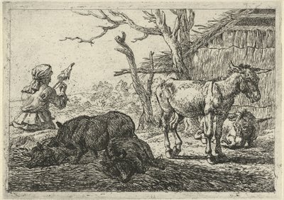 Kobieta spinning, świnia i osły Różne zwierzęta (tytuł serii) autorstwa Pieter Bodding van Laer