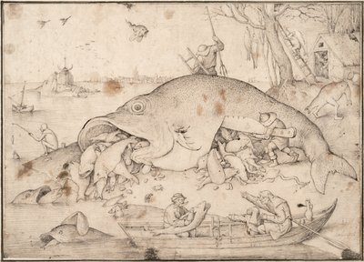 Duża ryba zjada małą rybę, 1556 autorstwa Pieter Bruegel the Elder