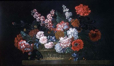 Martwa natura z goździków, dyni, piwonii, powojów i innych kwiatów w koszu spoczywającym na kamiennej półce autorstwa Pieter Casteels