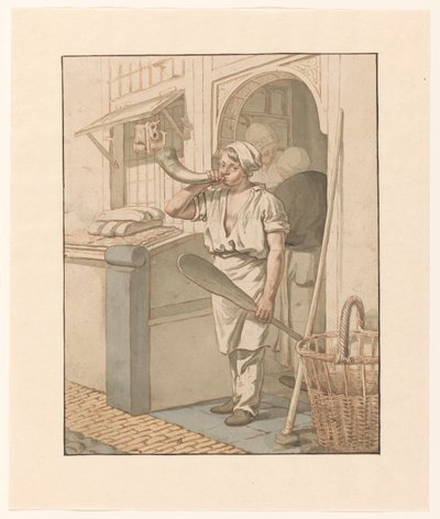 Bakker dmucha w róg przed swoim sklepem autorstwa Pieter Christoffel Wonder