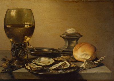 Śniadaniowa martwa natura z ostryg, solnego chleba i orzechów (olej) autorstwa Pieter Claesz
